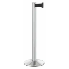 This retractable belt post barrier features a silver aluminum post and a steel base. The black belt extends 10 ft and is 2 in wide, with no legend or pattern. It is used for crowd control and queue management in commercial, industrial, and public spaces, providing temporary barriers to guide foot traffic or mark boundaries.