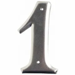 Silver aluminum label with uppercase number 1, 3 in character height and 2 in overall width. Sold in packs of 10 pieces. Used for identifying utility poles in outdoor infrastructure applications.