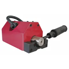 This Dayton lifting magnet features an On/Off handle for controlled engagement and release. It is designed for handling ferrous metal parts on flat or round surfaces, with a maximum round load capacity of 125 lb. Typical applications include lifting, positioning, and moving steel plates, pipes, and other ferrous materials in industrial settings.