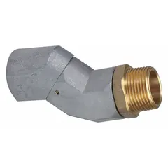 This swivel connector features a 1-inch FNPT inlet and 1-inch NPT discharge, with an aluminum body rated for a maximum operating pressure of 50 psi. It is chemically compatible with kerosene, allowing flexible hose rotation to prevent kinking during fuel transfer operations.