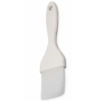 This pastry brush features a white plastic handle and nylon bristles with a 2-inch width and 7 1/2-inch overall length. It is used for applying glazes, oils, or washes in commercial kitchens and food preparation settings