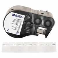 Vinyl wraparound label cartridge for wire identification on 16 AWG to 8 AWG conductors. White matte finish provides a clear surface for printing. Compatible with Brady M510 printer series and requires R4300 ribbon. Used for cable marking in control panels, machinery, and electrical installations