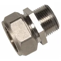 Brass compression fitting adapter for connecting 1-1/4 in OD tubing to 1 in male NPT pipe in compressed air systems. Features a compression x MNPT connection type. Suitable for industrial pneumatic lines requiring corrosion resistance