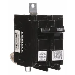 Bolt-on miniature circuit breaker rated 20 A at 120/240V AC, single-phase, 1 pole. Features a shunt trip for remote tripping capability. Maximum AIR rating of 65kA at 120V AC. Designed for use with Siemens P1 panelboards in commercial and industrial electrical distribution systems.