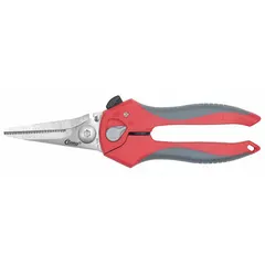 Spring-assisted shears with an 8-inch overall length. Serrated, titanium-bonded blades with a rounded tip. Red finish. Suitable for cutting rope and other materials in industrial and commercial settings.