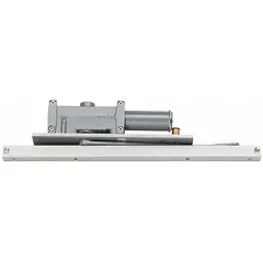 This LCN concealed-mount door closer is a Grade 1 heavy-duty unit constructed of aluminum. It features a track arm, non-hold open operation, and an adjustable spring size 6. Suitable for interior or exterior use, it is ADA compliant and measures 14 inches long by 3 1/2 inches wide.