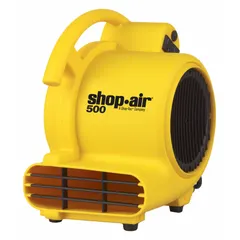 Portable centrifugal blower with 3/4 hp motor and three selectable speeds. Fixed-frame polypropylene housing resists corrosion. Operates on 115V AC nominal voltage. Designed for horizontal or vertical positioning. Suitable for ventilation, fume extraction, and drying in workshops, construction sites, and maintenance areas.
