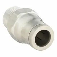 This stainless steel push-to-connect fitting connects 1/2" OD tubing to a 1/2" male NPT threaded port. It is used in pneumatic and fluid-handling systems for quick, leak-free connections. The silver fitting has a thread size of 1/2"-14