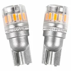 This T3 tubular LED lamp features a plastic W2.1x9.5d wedge base and produces amber light. It operates on 9 to 16V AC/DC and carries trade number 194NA. Commonly used as a replacement in vehicle marker, clearance, and interior lighting applications.