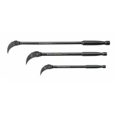 Set of three wrecking bars with overall lengths of 8 in, 10 in, and 16 in. End widths are 1/4 in and 3/8 in. Features an indexing head and curved claw end for prying and lifting in confined spaces. Suitable for general prying tasks in automotive, construction, and maintenance applications.