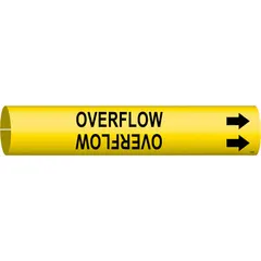 Yellow pipe marker with black 'Overflow' legend and directional arrows. Fits pipe outer diameters from 1-1/2 to 2-3/8 inches. Used to identify overflow piping in industrial facilities, aiding in pipe tracing and safety compliance.
