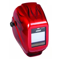 Auto-darkening welding helmet with a red polycarbonate shell and flame graphics. Features a digital ADF with a 3.94 x 2.36 in viewing area, four arc sensors, and a welding shade range of W9 to W13. Includes grind mode and ratchet suspension adjustment. Suitable for arc welding, grinding, and cutting applications