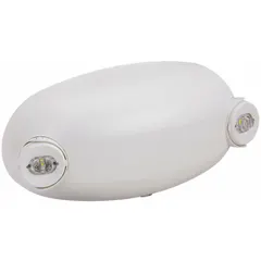 Surface-mount LED emergency light with adjustable lamp heads. White plastic housing, 1.2 W lamp wattage, 4.8 W emergency wattage, 120/277V AC input. Damp location rated. OSHA compliant. For wall mounting in covered entrances, washrooms, or other indoor damp areas.