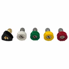 This quick-connect spray nozzle features a fan spray pattern and a male inlet. Rated for 4,000 psi and 10 gpm, it is suitable for pressure ranges of 2500-4999 psi and 5000 to 6000 psi. Commonly used in pressure washing and surface cleaning applications.