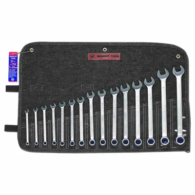 WRIGHT Wrench Set: Steel, Satin, 15 Tools, 15 Range of Head Sizes, 15° Head Offset Angle - SAE 12-Point Combination Wrench Sets