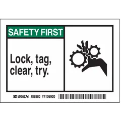 Polyester adhesive sign for lockout/tagout procedures. Nominal size 3 1/2 x 5 in, 0.01 in thick. Not retroreflective or glow-in-the-dark. 5-pack for mounting on equipment, panels, or machinery.