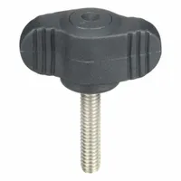Wing knob with threaded stud for manual clamping, adjustment, and positioning on machinery and fixtures. Plastic body with stainless steel #8-32 thread provides corrosion resistance and secure grip. 28 mm diameter, 20 mm thread length