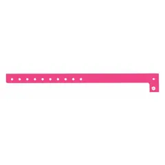 Plastic security wristband in pink, 10 inches long and 5/8 inch wide, sold in packs of 500. No printed legend, suitable for color-coded identification in access control, event management, and crowd control applications.