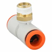 This SMC push-fit tee fitting is made of polybutylene and brass, with a white finish. It connects 5/16 in OD tubing on two branches and a 3/8 in pipe thread on the third, enabling branch connections in pneumatic systems. Suitable for use in industrial automation, packaging, and material handling applications