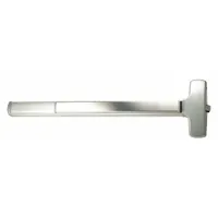 This rim push bar features a chrome finish and touchbar style, designed for use on doors up to 4 ft wide. It is a rim-type exit device compliant with ADA standards, suitable for commercial egress applications