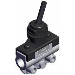 Toggle-actuated, side-ported manual air control valve with 3 ports and 1/8 in BSPT connections. Used in pneumatic systems to select the higher of two input pressures for a single output, commonly applied in control circuits for logic or safety functions.