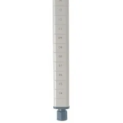 This steel post is a vertical support component for Quick-Adjust Antimicrobial Plastic Shelving systems. It measures 73 3/16 inches in height by 1 3/4 inches in width, with an 18-gauge thickness and an epoxy-coated taupe finish. Suitable for use in environments requiring frequent cleaning or sanitation.