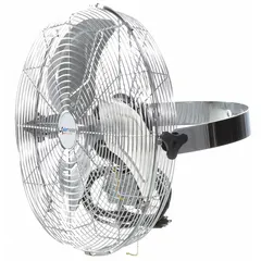 This wall-mount fan features an 18-inch blade and a 1/8 hp motor operating on 115V AC. It offers three speeds and is non-oscillating with a yoke mounting type. Suitable for spot cooling and air circulation in industrial and commercial spaces such as warehouses, factories, and workshops.
