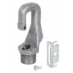 Mounting hook for high bay luminaires, made of unfinished gray aluminum. Includes a safety screw. Measures 4 1/6 inches high, 2 1/6 inches wide. Used to suspend luminaires in industrial and commercial settings.