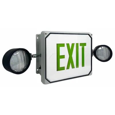 BIG BEAM Food Safe Combo Exit Sign: Gray, LED, Green, 1 Faces, Wall - Fiberglass Exit Signs with Round Side-Mount Light Heads