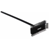 This grill brush features metal bristles with a 1-inch bristle length and a wood handle. It is designed for cleaning commercial grills, removing burnt-on residue from grill surfaces. The long handle keeps hands safely away from heat during use