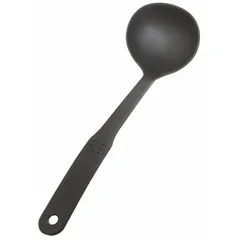 Black nylon ladle with a 3 3/4 in bowl diameter and 12 in overall length. Used for portioning and transferring liquids or semi-liquids in food service and light industrial kitchens. Suitable for serving soups, sauces, or handling non-abrasive fluids.