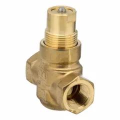 This 2-way globe valve features a brass body and stainless steel stem and seat. It has a 1/2 in female NPT connection and a CV flow rating of 1.6. The valve is normally open (NO) and is used for regulating water flow in hydronic heating and cooling systems.