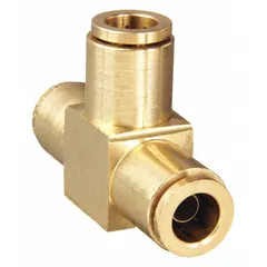 Brass push-fit tee adapter with three 3/8 in OD tube ports. Designed for air brake systems, it requires no flaring or ferrule for installation. The brass construction offers corrosion resistance in pneumatic applications.