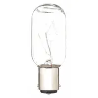 This incandescent lamp features a T8 tubular shape and a BA15d double-contact bayonet base. It operates at 120V AC and produces white light. Commonly used as a replacement lamp in industrial warning lights, beacons, and signaling equipment