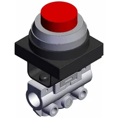 3-port manual air control valve with 1/8 in NPT connections, extended button actuator, and side-ported body. Used to direct pneumatic flow in industrial automation, packaging, and material handling systems.