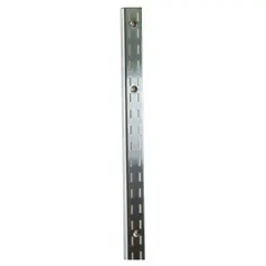 Heavy-duty slotted standard made of zinc-plated steel with a silver finish. Features 1-inch slot spacing and 1/2-inch slot length for adjustable shelving. Designed for screw-in mounting to walls or uprights in storage and display systems.