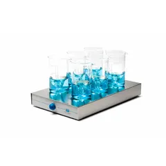 Rectangular magnetic stirrer with six positions for simultaneous stirring of multiple samples. Analog display. Operates on 100/240V with US Standard plug. Suitable for laboratory mixing applications in chemistry, biology, and pharmaceutical research.