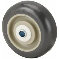 This wheel features a gray antimicrobial polyurethane tread on a plastic core, with a 3 1/2 in diameter and 1 1/4 in width. Designed for standard-duty applications such as material handling carts, medical equipment, and food-service racks where hygiene and floor protection are required