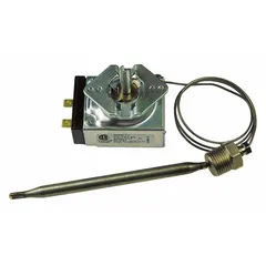 Electric thermostat for on/off temperature control in HVAC and refrigeration systems. Suitable for use in walk-in coolers, freezers, and HVAC units. Replacement part for commercial and industrial applications.