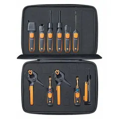 Wireless refrigeration diagnostic kit from the Smart Probes series. Measures pressure, temperature, and humidity across a range of -40°F to 482°F. Compatible with the testo Smart app for data analysis. Includes a carrying case for transport and storage.