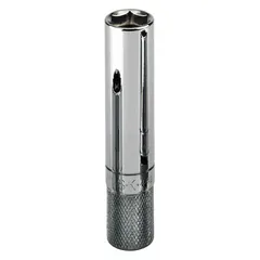 This 5/8 in SAE spark plug socket features a deep, 6-point design for secure engagement with spark plug hexes. It is used for removing and installing spark plugs in internal combustion engines during automotive maintenance and repair.