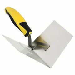 Inside-corner drywall trowel with a flexible stainless steel blade measuring 9-3/4 inches in length and 4 inches in width. Used for applying and feathering joint compound in inside corners during drywall finishing. Plastic handle.