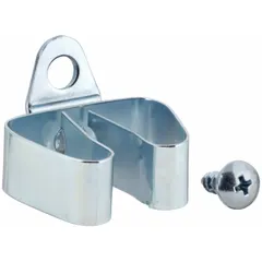 Steel spring clip for round-hole pegboard with 1 in hole spacing. Zinc-plated silver finish. Screw-in locking system for surface mounting. Includes screws. Suitable for organizing tools in workshops, garages, and retail displays.
