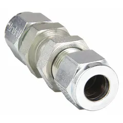 This double-ferrule steel compression fitting is a bulkhead union for 1/4 in OD tubing with 7/16-20 thread. It provides leak-tight connections in industrial fluid systems, suitable for hydraulic, pneumatic, and instrumentation applications. Compatible with Parker A-LOK fitting brands.