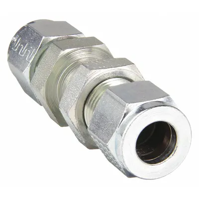 PARKER Compression Fitting Union: 1/4 in OD x 1/4 in OD Size, 7/16-20 7/16-20 Thread Size - Double-Ferrule Steel Compression Fittings