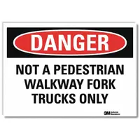 Adhesive-mounted danger sign with Engineer Grade retroreflective sheeting for visibility in low-light conditions. Nominal size 5 x 7 inches. Used to designate areas where forklift traffic is active and pedestrian access is prohibited