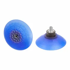 Bell-type vacuum pad assembly with G1/4 in connection and 111.1 mm pad diameter. Made of Elastodur ED material in blue with 85 A hardness. Suitable for automated handling, assembly, and robotic pick-and-place operations on sheet metal, glass, and plastic parts.