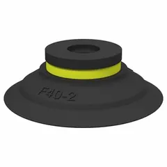 Flat type with ribs vacuum pad made of food grade silicone rubber in red, hardness 50A, without adapter. Pad diameter 34.04 mm. Suitable for automated handling of food products and packaging materials where a secure grip on smooth or slightly curved surfaces is required.