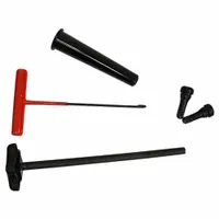 This tire valve tool, constructed with a steel body and plastic components, includes an installation cone for efficient valve removal and installation. With an overall length of 10 11/32 inches, it is suited for vehicle and equipment tire maintenance tasks