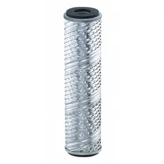 Pleated water filter cartridge with ETP Steel filter media. Rated for 5 micron filtration at 7 gpm flow rate. Overall height 9 5/8 inches. Used for particulate removal in industrial water systems, process water, cooling loops, and pretreatment applications.